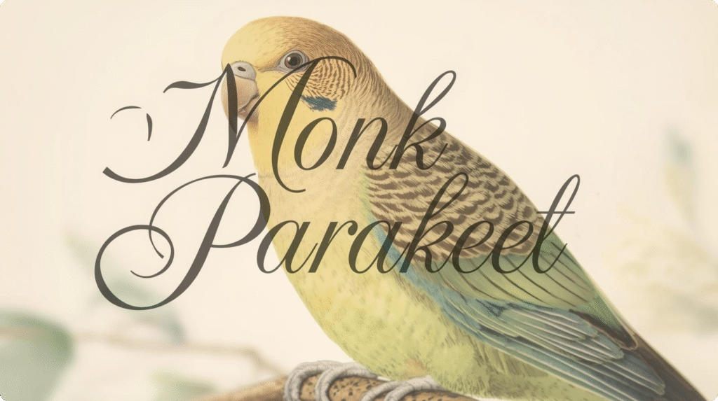 A yellow parakeet perched on a branch, labeled with the words "monk parakeet."