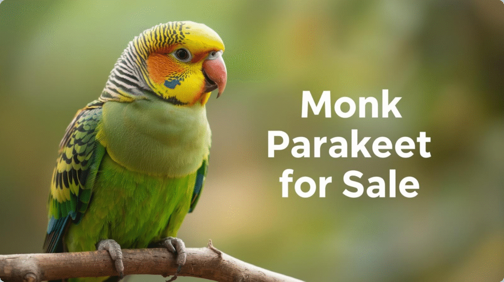 Green parrot on a branch with a sign reading "Monk Parakeet for Sale."