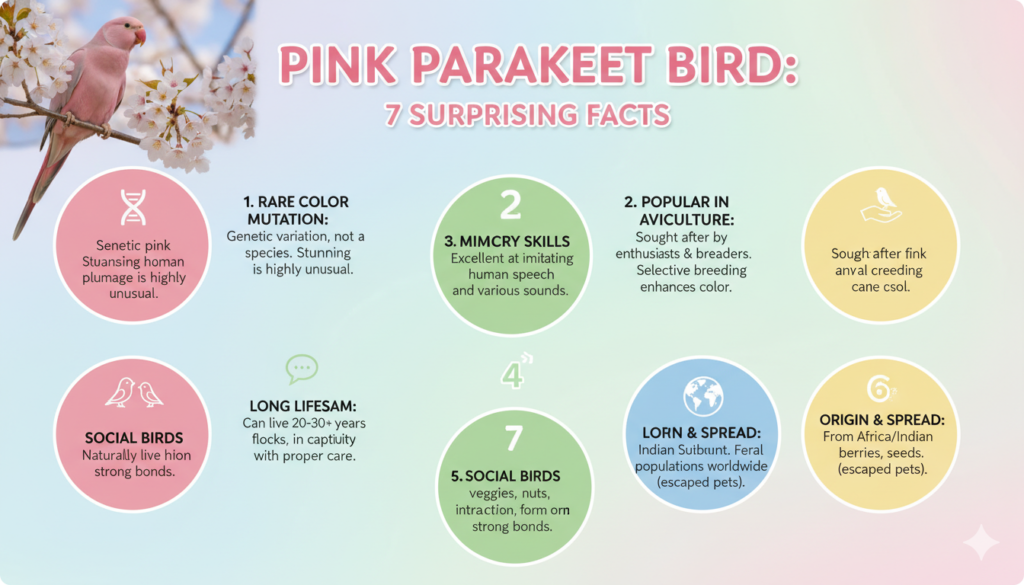 Pink parakeet perched on a branch, accompanied by text highlighting seven surprising facts about the bird.