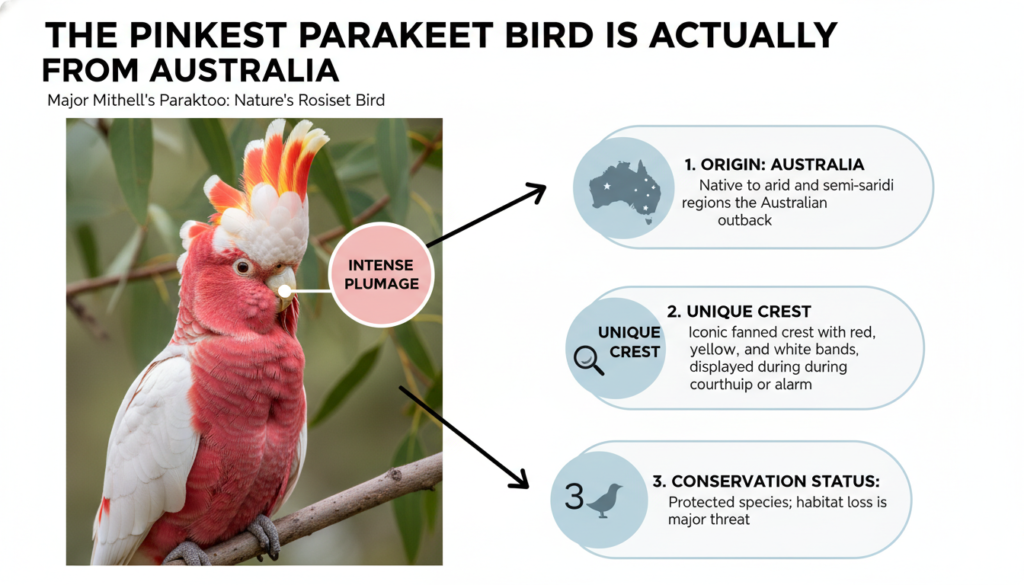 A pink parakeet perched on a branch, native to Australia, showcasing its vibrant feathers and playful demeanor.
