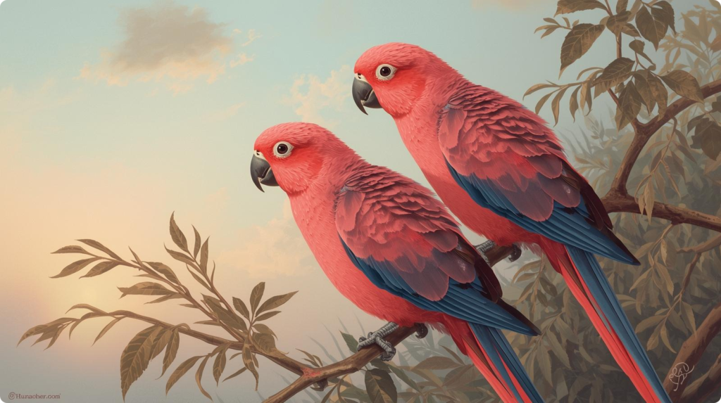 Two vibrant pink parakeets perched on a branch, showcasing their colorful feathers in a beautiful natural setting.