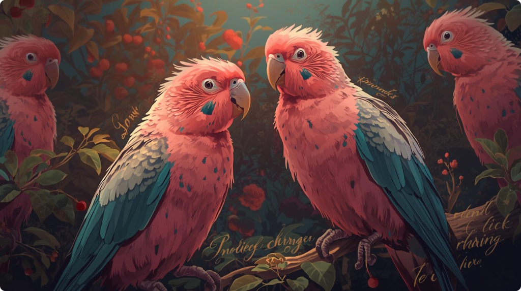 Two vibrant pink parakeets perched on a branch, showcasing their colorful feathers in a beautiful natural setting.