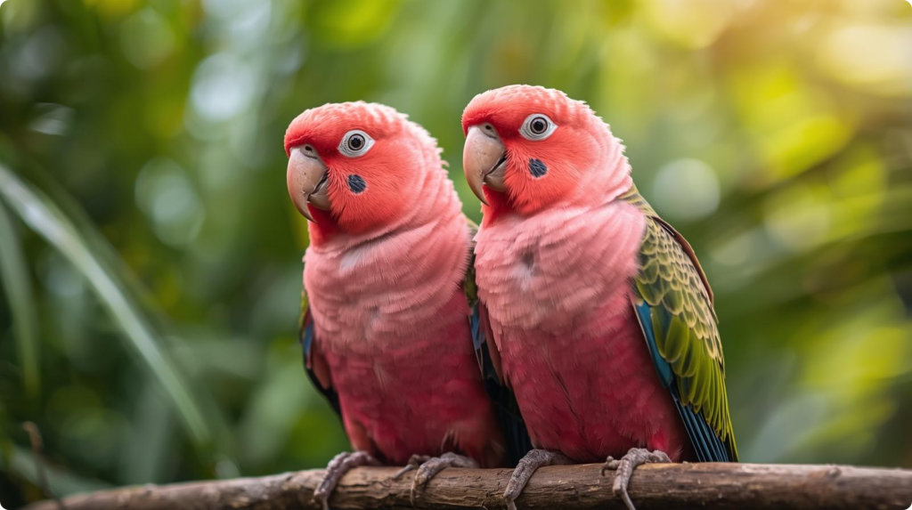 Two pink parakeets perched on a branch, surrounded by lush green leaves, creating a calm and serene natural scene.