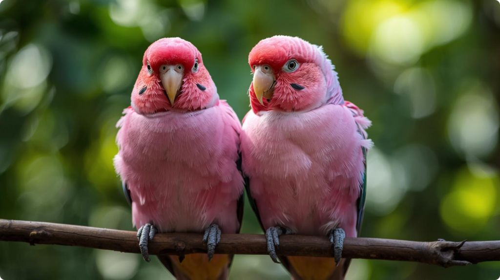 Two pink parakeets perched on a branch, surrounded by lush green leaves, creating a calm and serene natural scene.