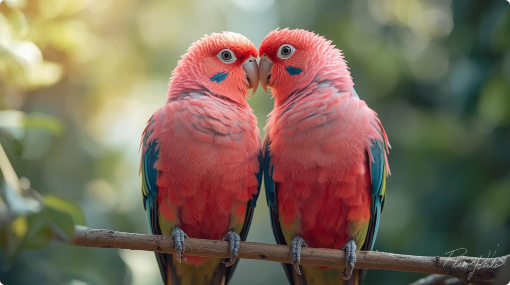 Two pink parakeets perched on a branch, surrounded by lush green leaves, creating a calm and serene natural scene.